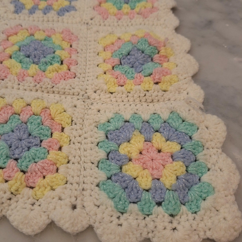 Vintage Handmade 70s Granny Square Afghan Baby Blanket Pastel Multicolor Crochet
